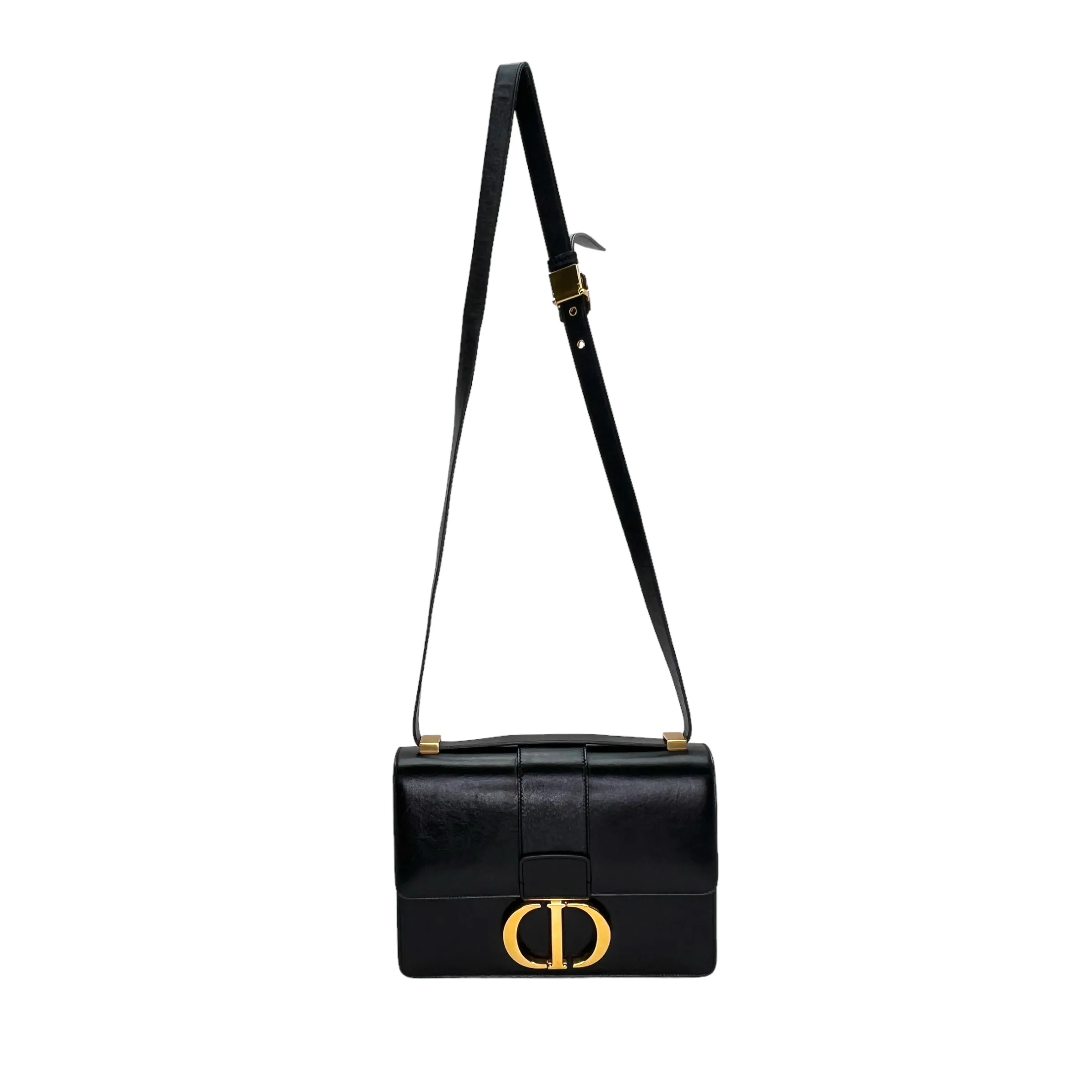 30 Montaigne Medium Black Shoulder Bag in Calfskin, Gold hardware