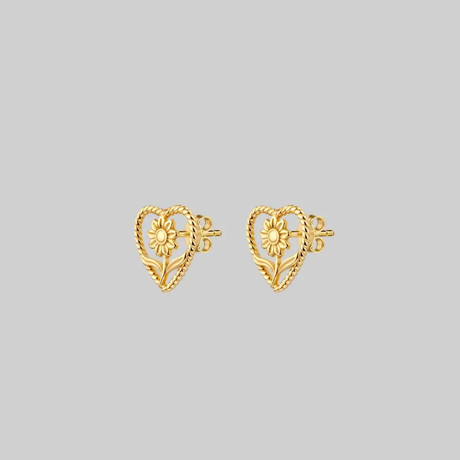 APRIL. Sunflower Heart Stud Earrings - Gold