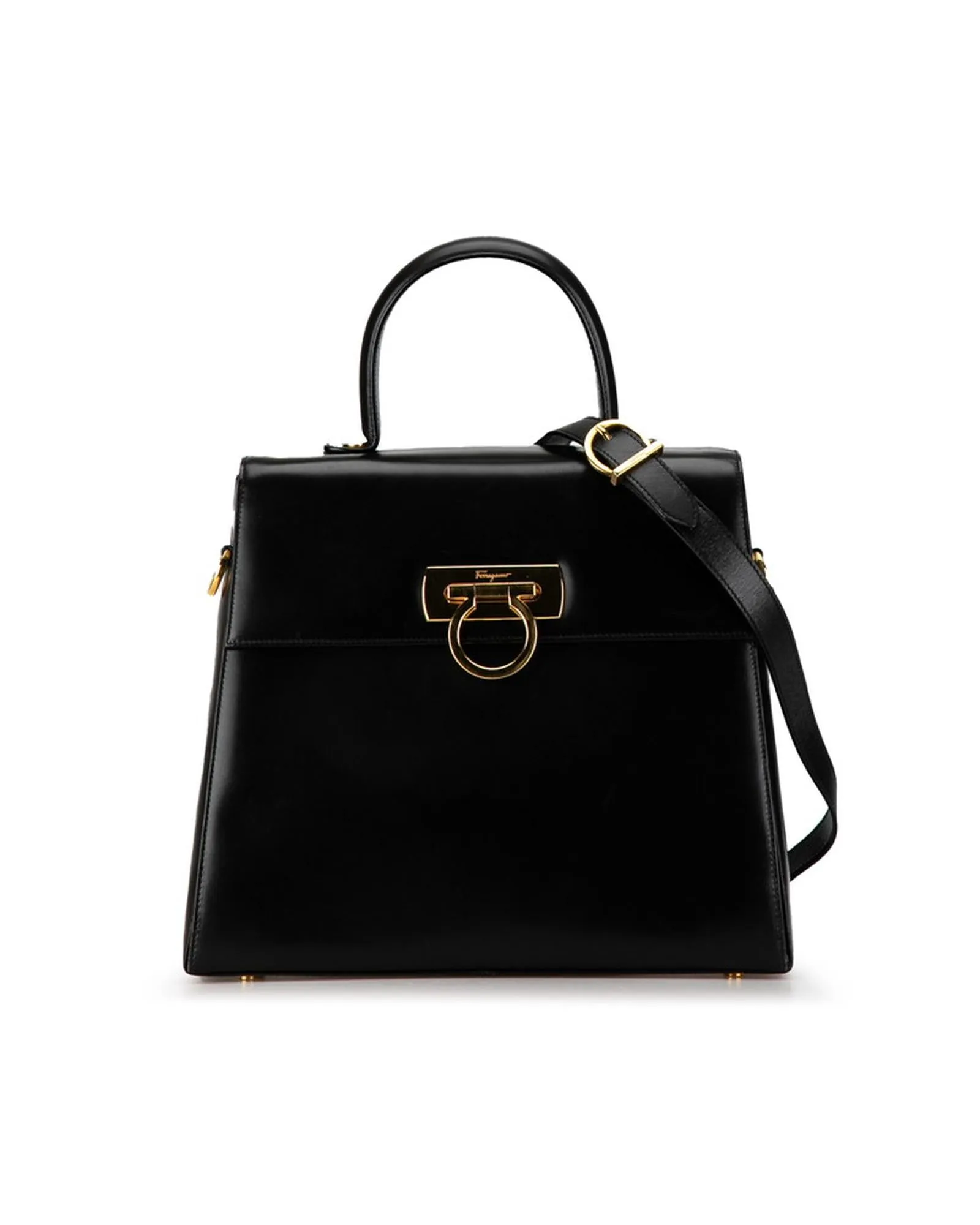 Authentic Black Leather Gancini Handbag by Salvatore Ferragamo