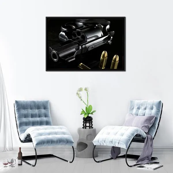 Black Revolver With Ammo Canvas Wall Art