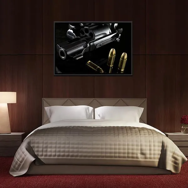 Black Revolver With Ammo Canvas Wall Art