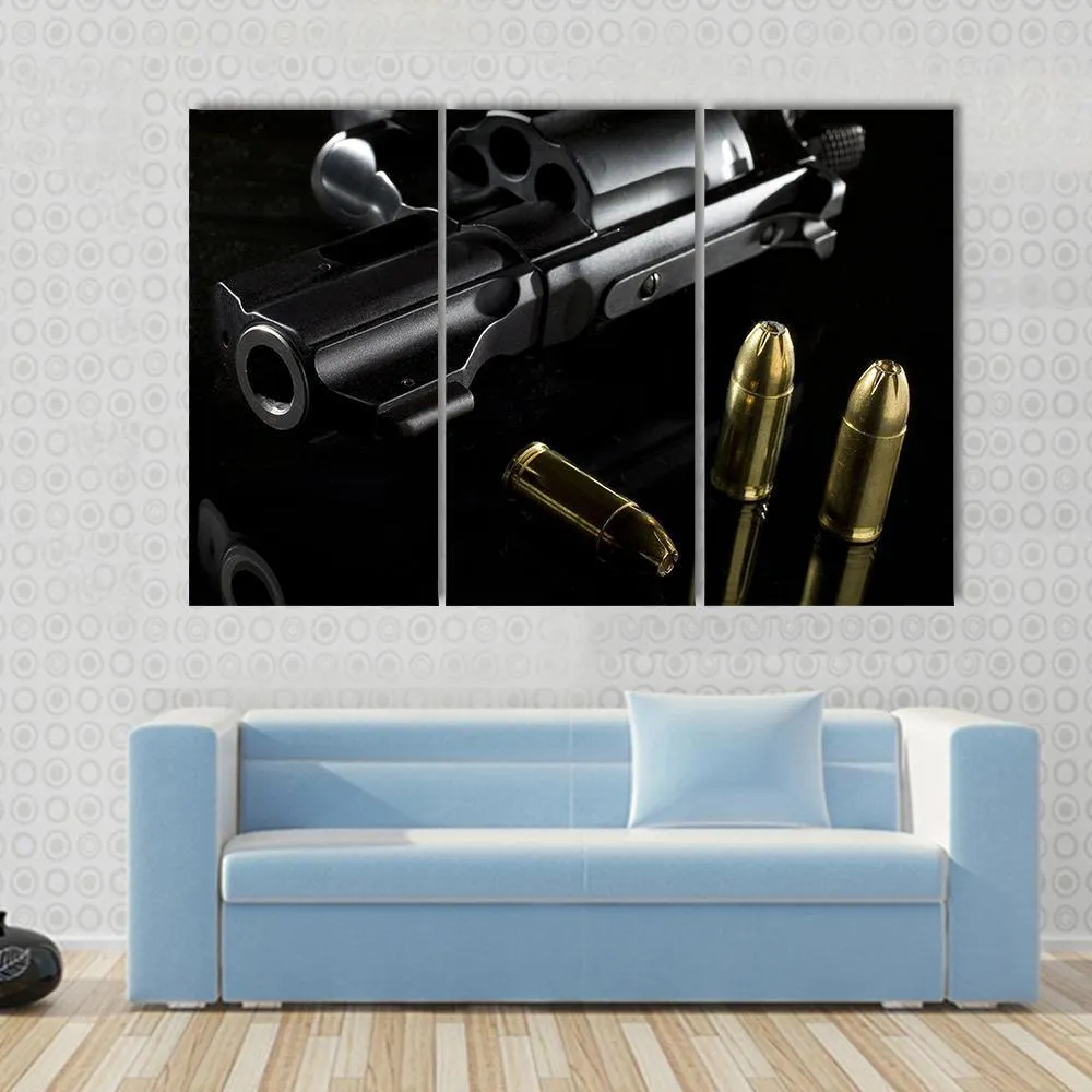 Black Revolver With Ammo Canvas Wall Art