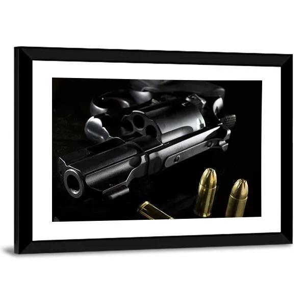 Black Revolver With Ammo Canvas Wall Art