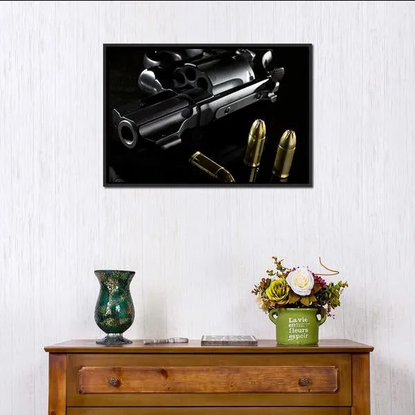 Black Revolver With Ammo Canvas Wall Art