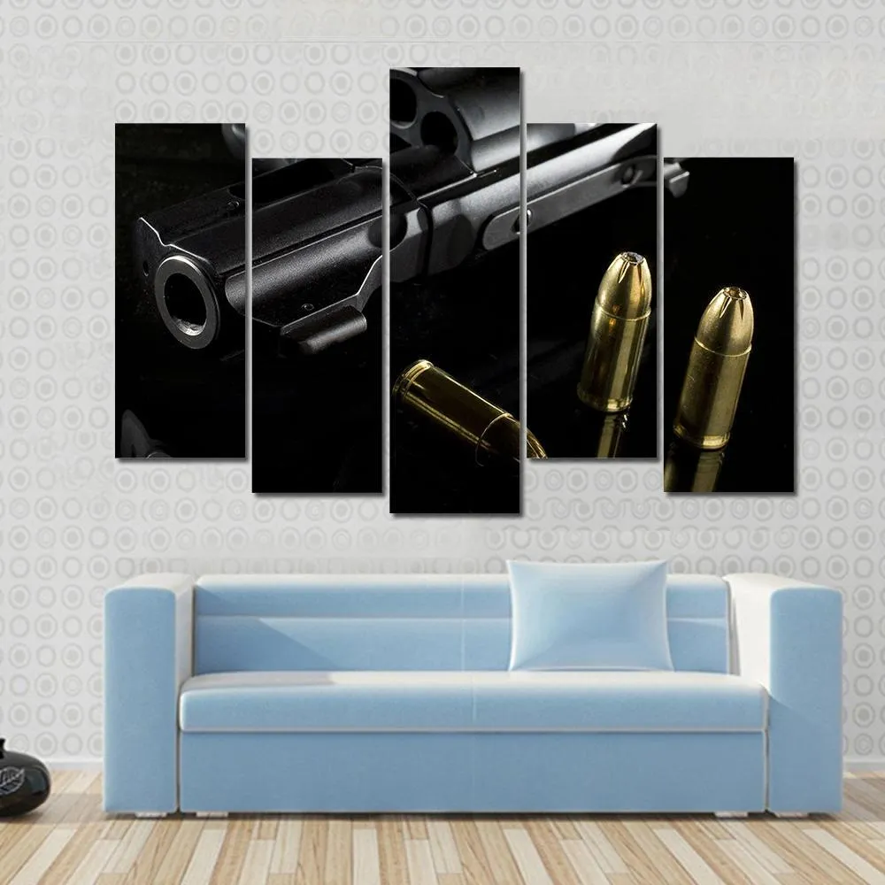 Black Revolver With Ammo Canvas Wall Art