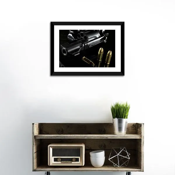 Black Revolver With Ammo Canvas Wall Art