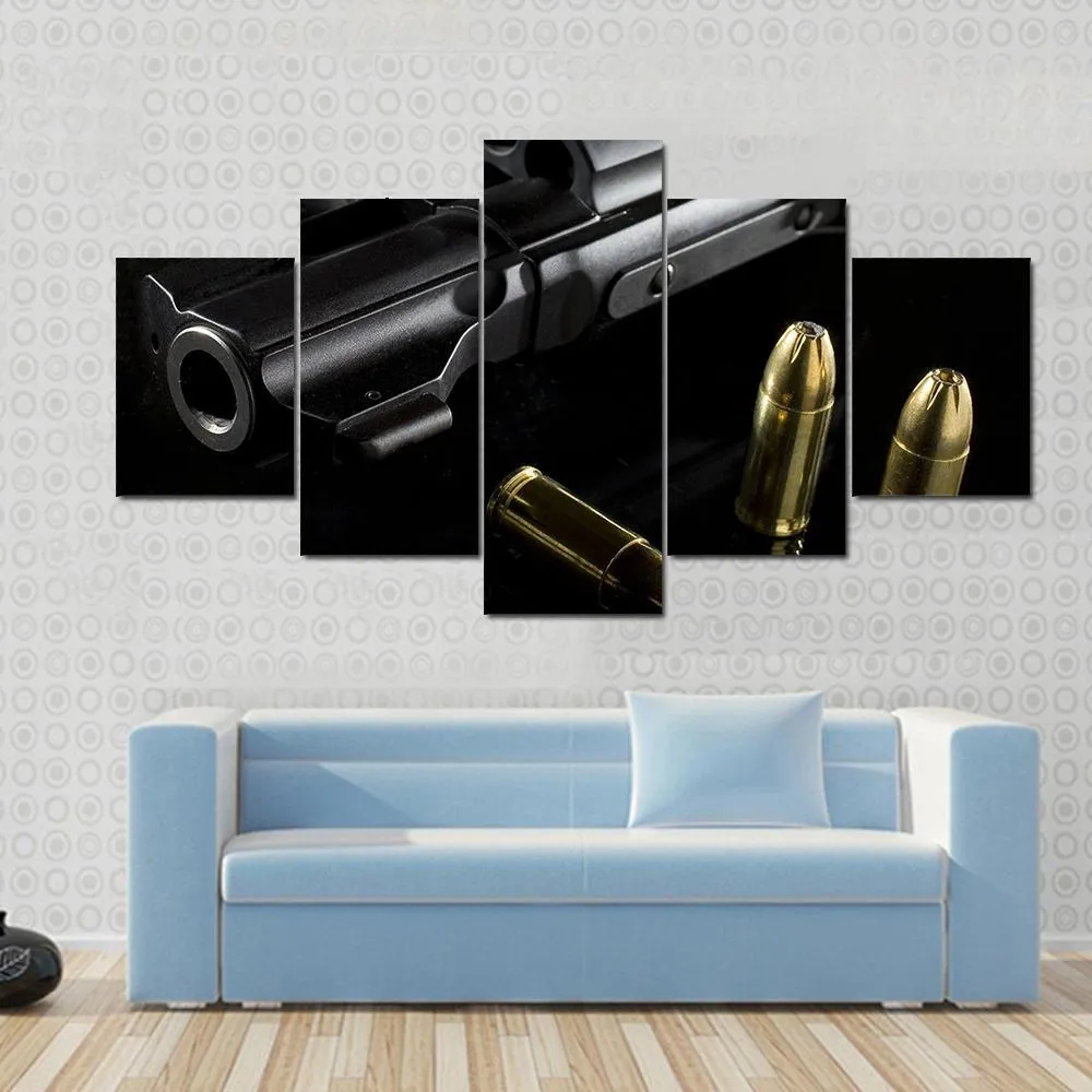 Black Revolver With Ammo Canvas Wall Art