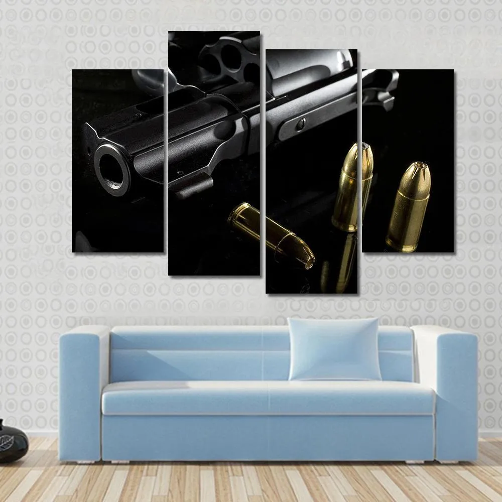 Black Revolver With Ammo Canvas Wall Art