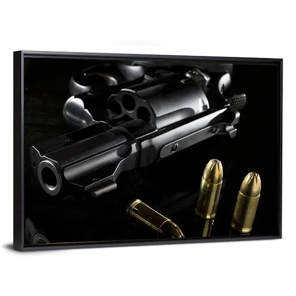 Black Revolver With Ammo Canvas Wall Art