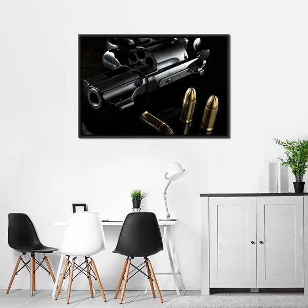 Black Revolver With Ammo Canvas Wall Art