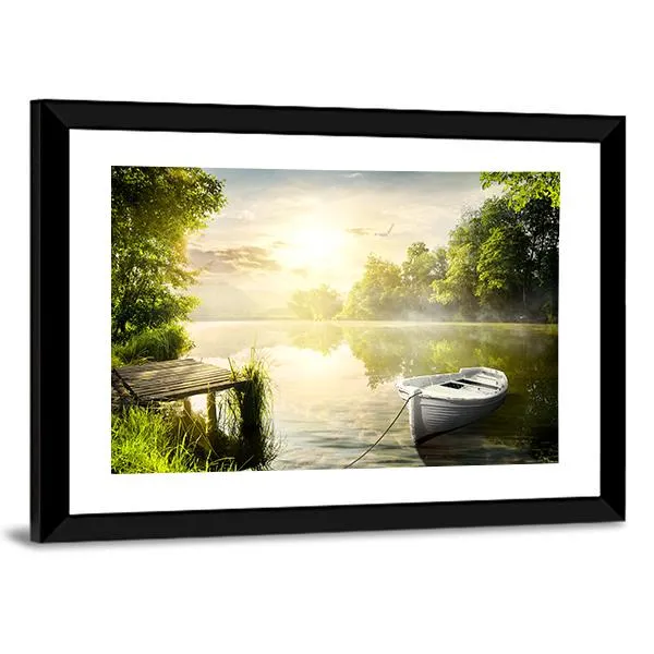 Boat On River Bank Canvas Wall Art