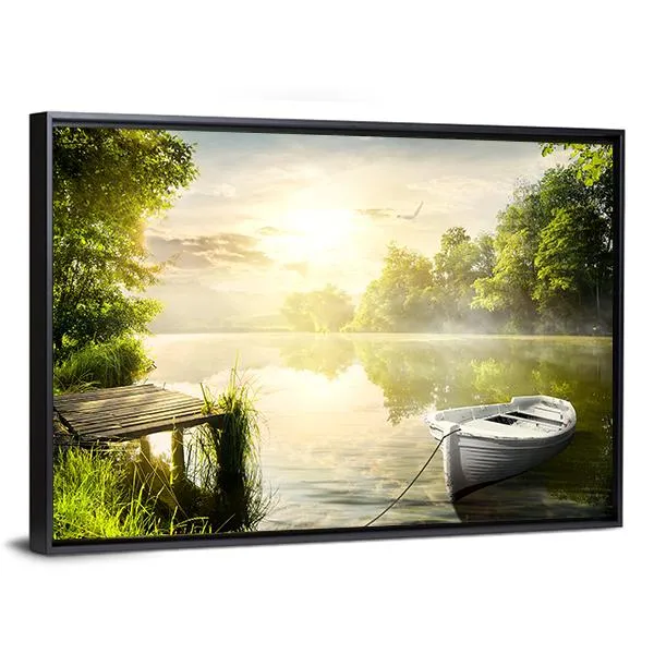 Boat On River Bank Canvas Wall Art