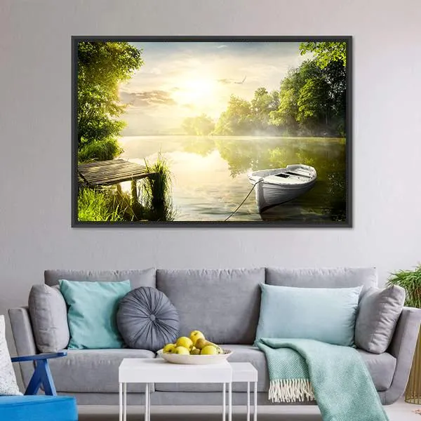 Boat On River Bank Canvas Wall Art