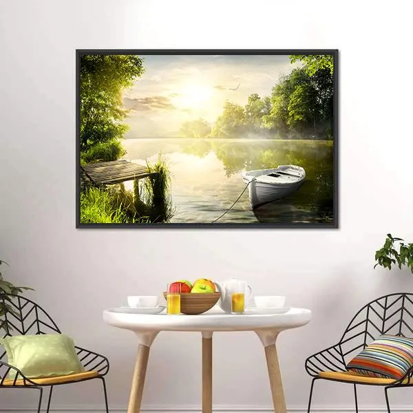 Boat On River Bank Canvas Wall Art