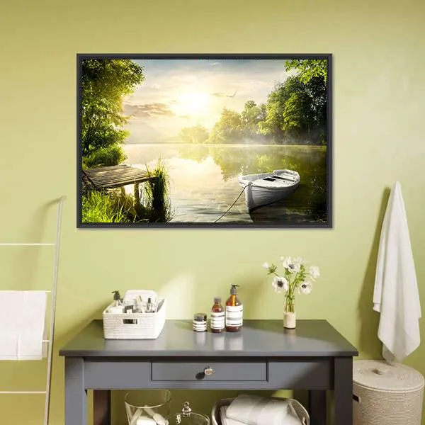 Boat On River Bank Canvas Wall Art