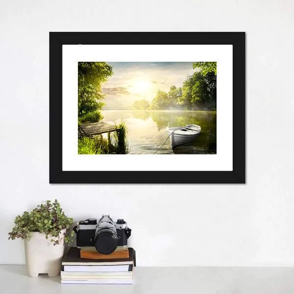 Boat On River Bank Canvas Wall Art