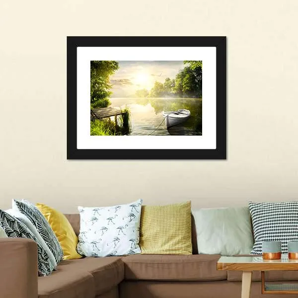 Boat On River Bank Canvas Wall Art