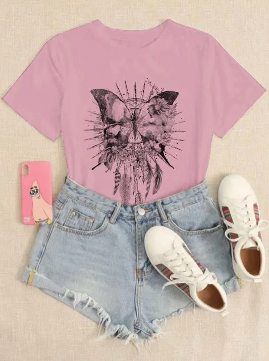 Boho Butterfly Dreamcatcher Graphic Tee Shirt in Mauve