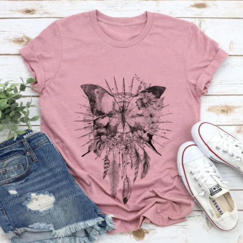 Boho Butterfly Dreamcatcher Graphic Tee Shirt in Mauve