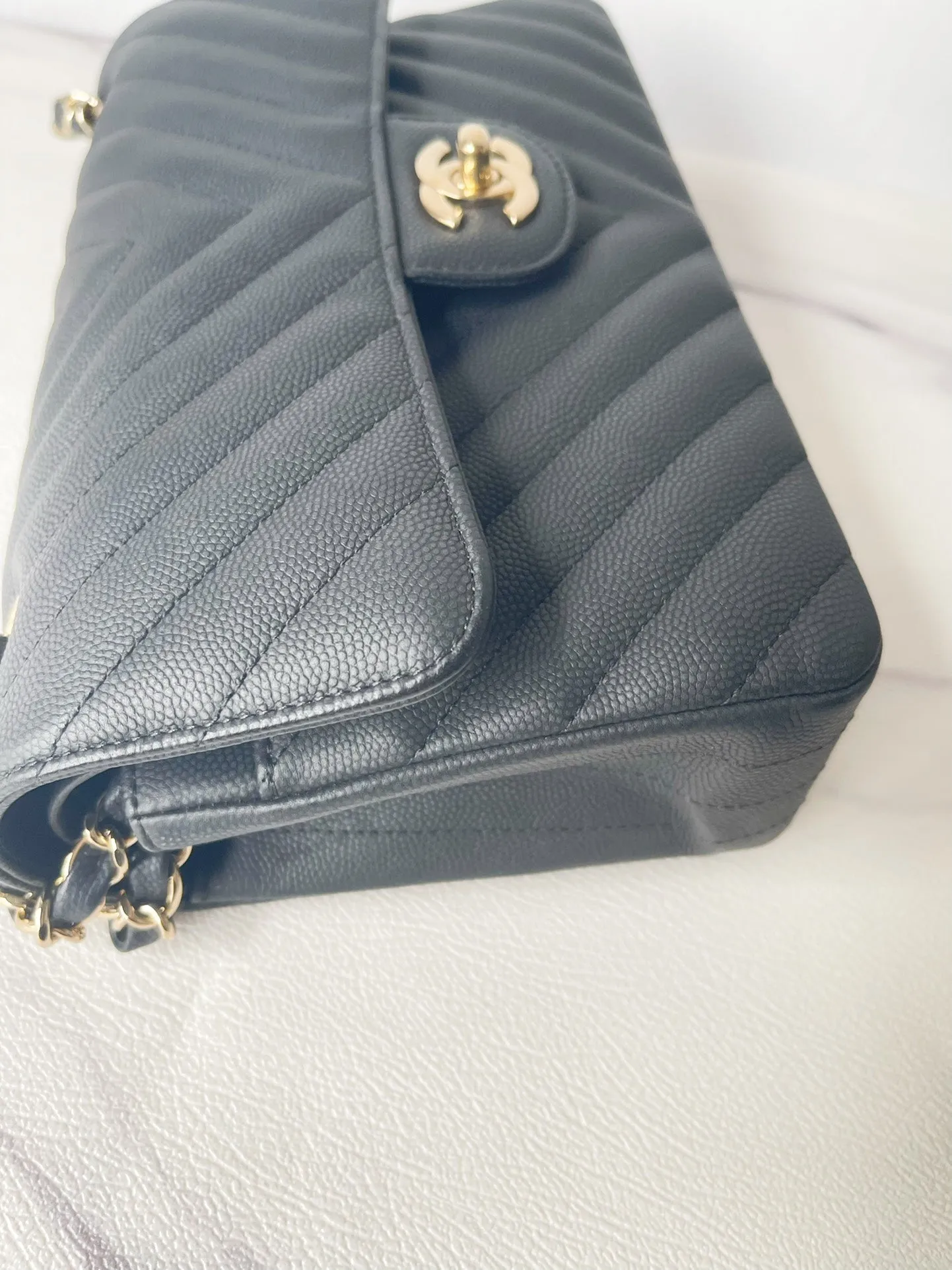 Chanel 19S Classic Small Double Flap Black Matte Chevron Caviar with light gold hardware