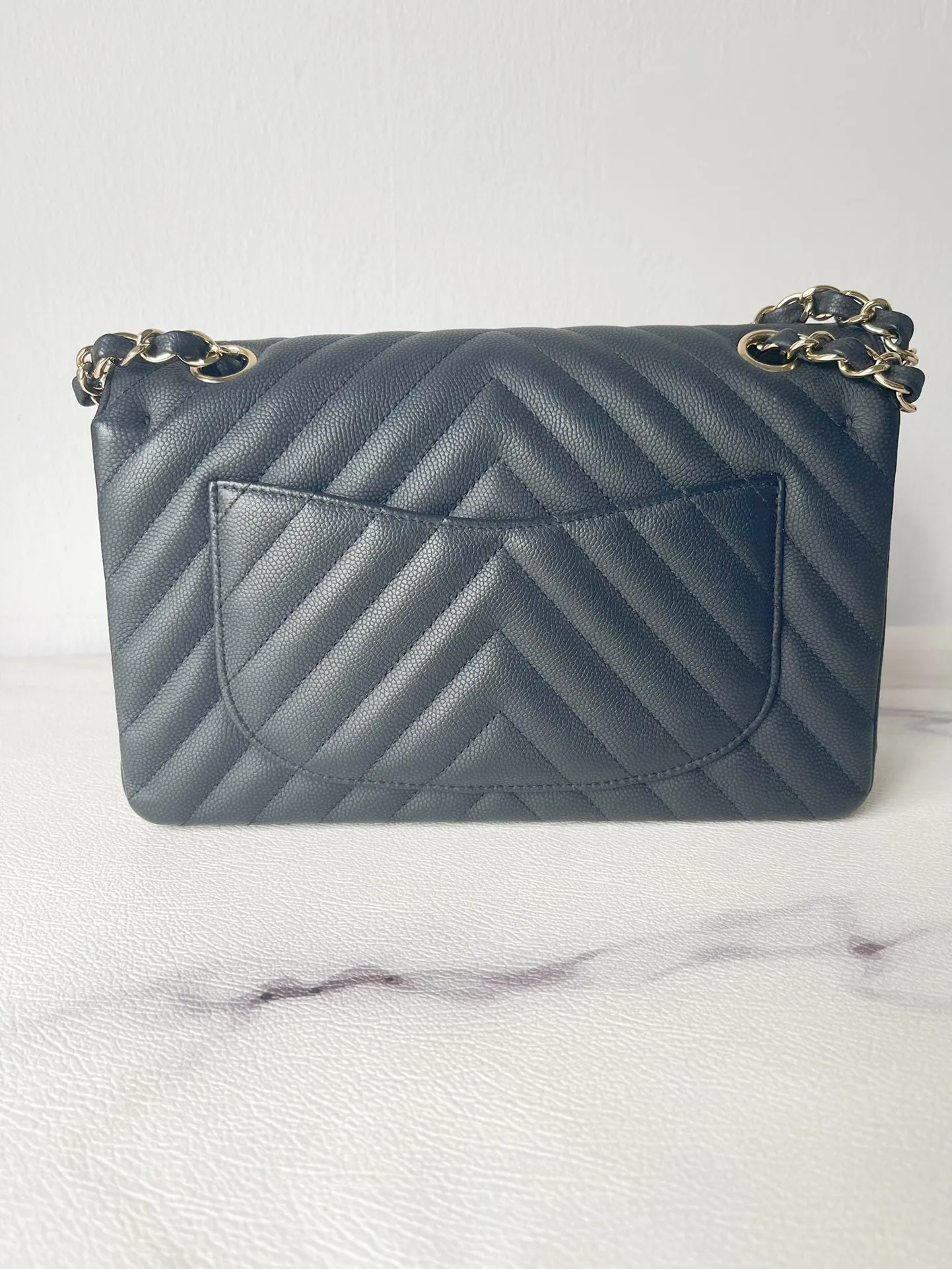 Chanel 19S Classic Small Double Flap Black Matte Chevron Caviar with light gold hardware