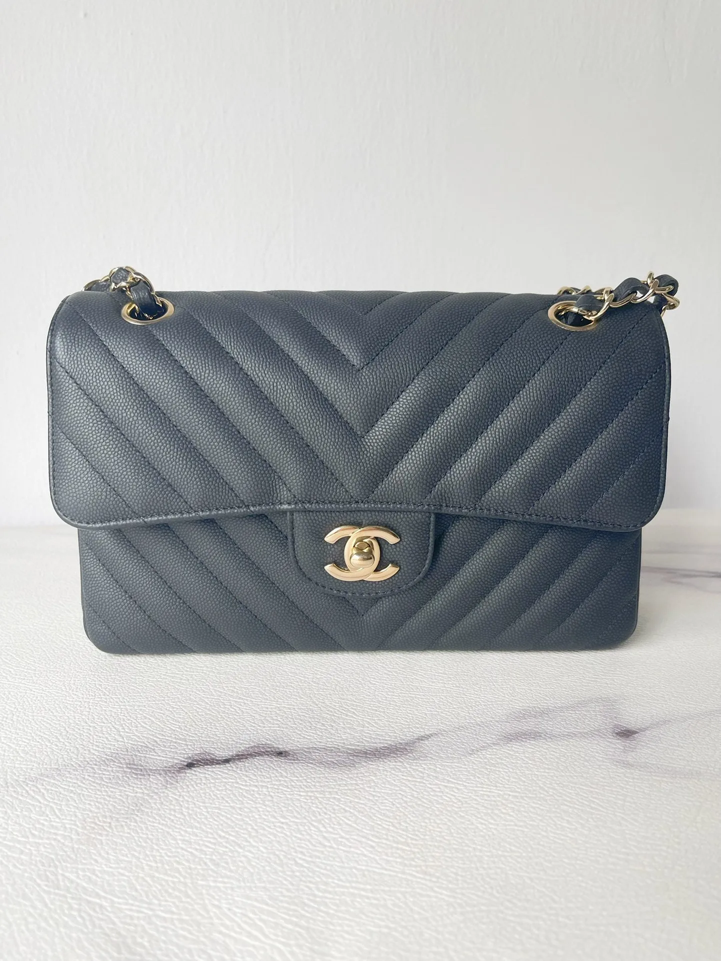 Chanel 19S Classic Small Double Flap Black Matte Chevron Caviar with light gold hardware