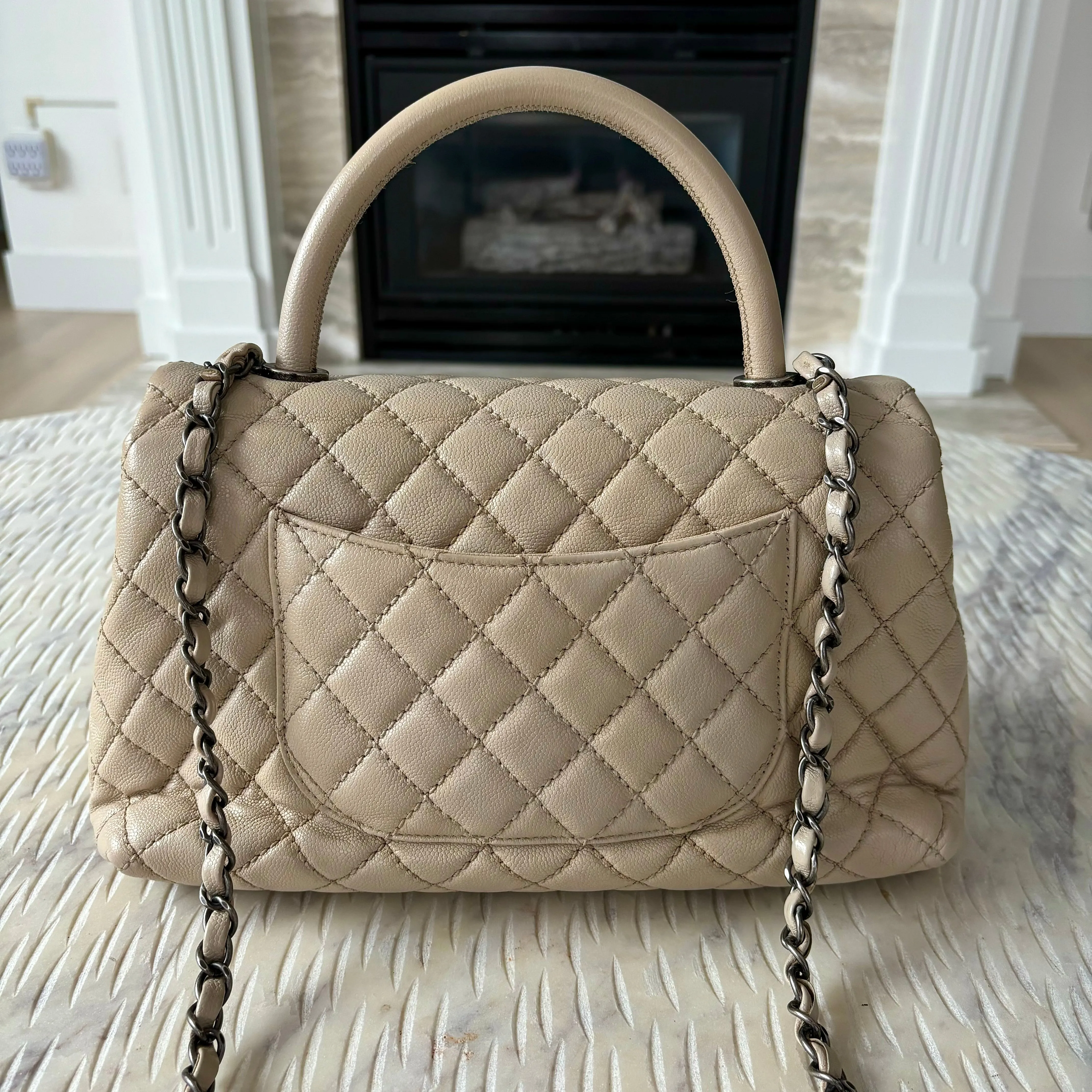 CHANEL Caviar Quilted Medium Coco Handle Flap Light Beige