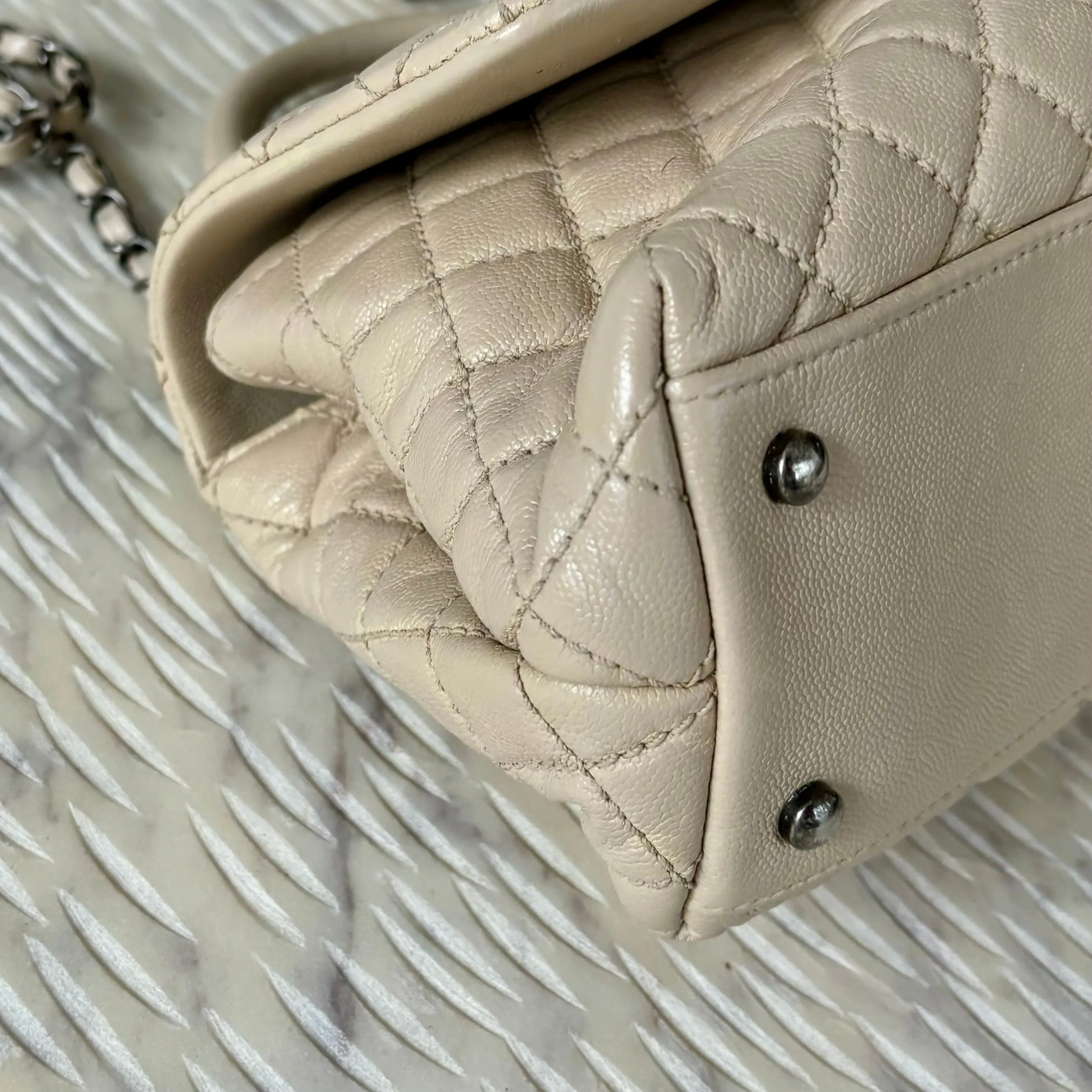 CHANEL Caviar Quilted Medium Coco Handle Flap Light Beige