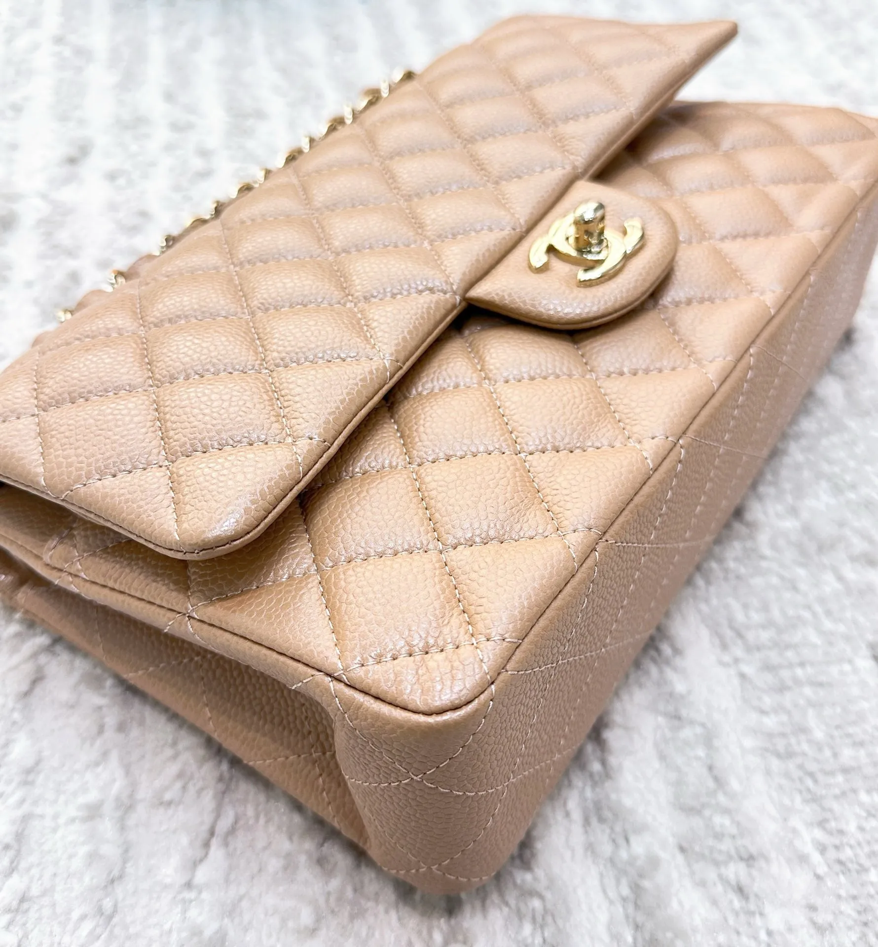 CHANEL Caviar Quilted Medium Double Flap Beige