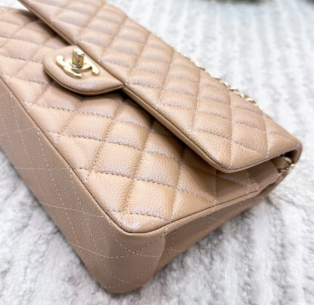 CHANEL Caviar Quilted Medium Double Flap Beige