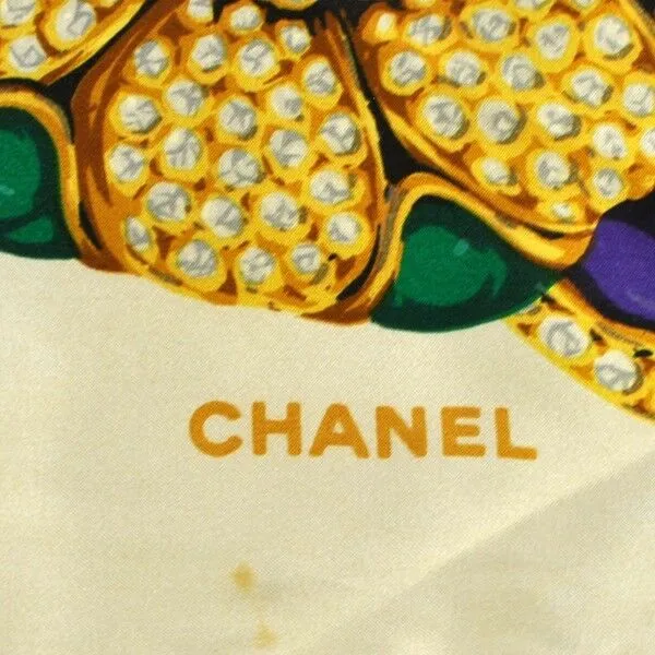 CHANEL CC Logos Big Scarf Handkerchief White Gold Vintage T02352