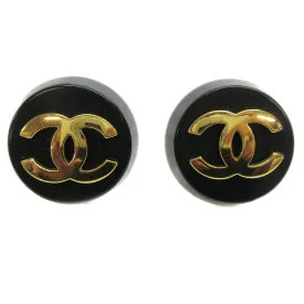 CHANEL CC Logos Button Motif Earrings Gold Black Clip-On 26 Accessories 05035