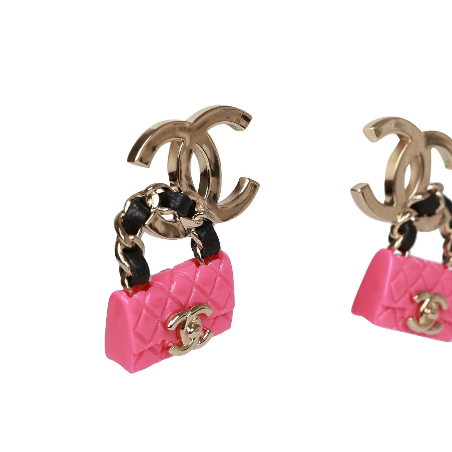 Chanel Pink Signature Flap Bag Dangling Earrings