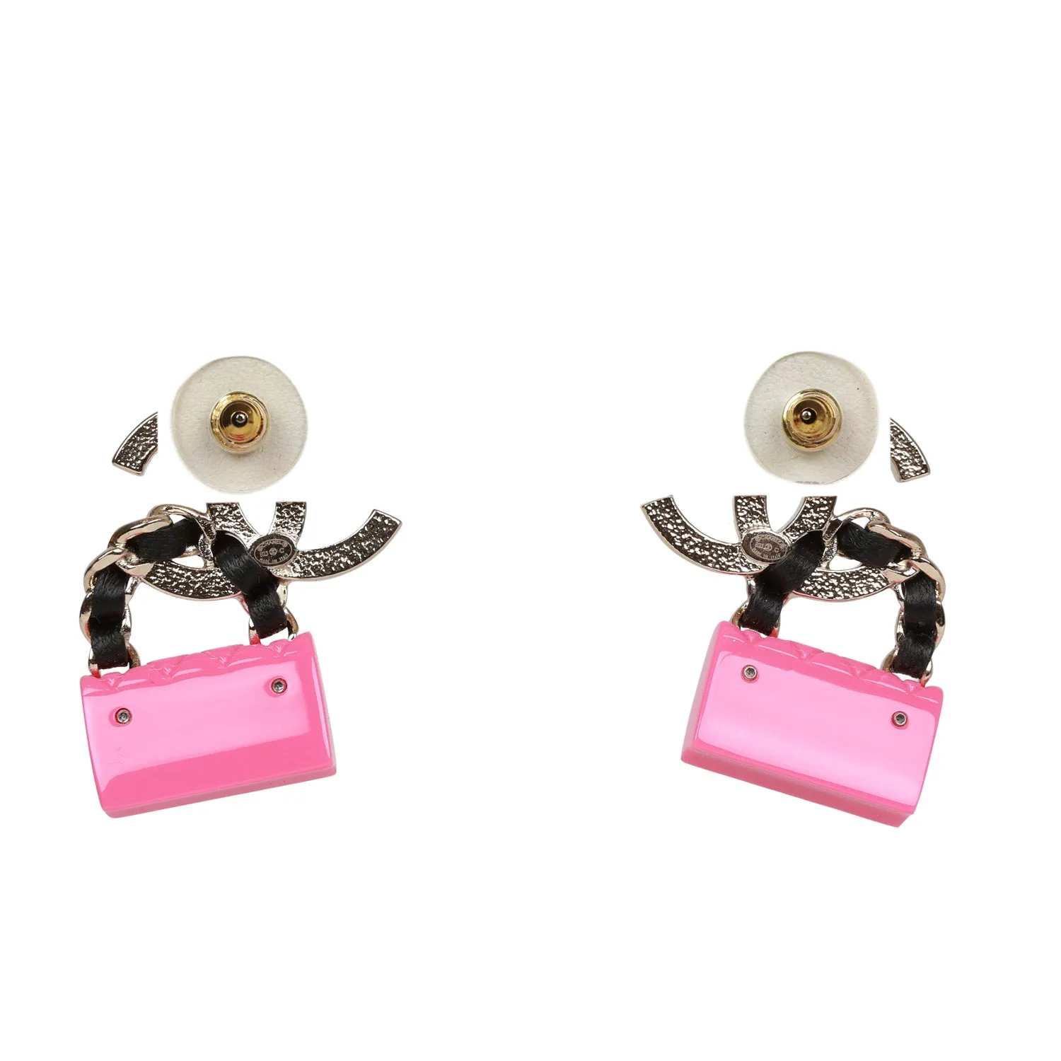 Chanel Pink Signature Flap Bag Dangling Earrings