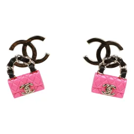 Chanel Pink Signature Flap Bag Dangling Earrings