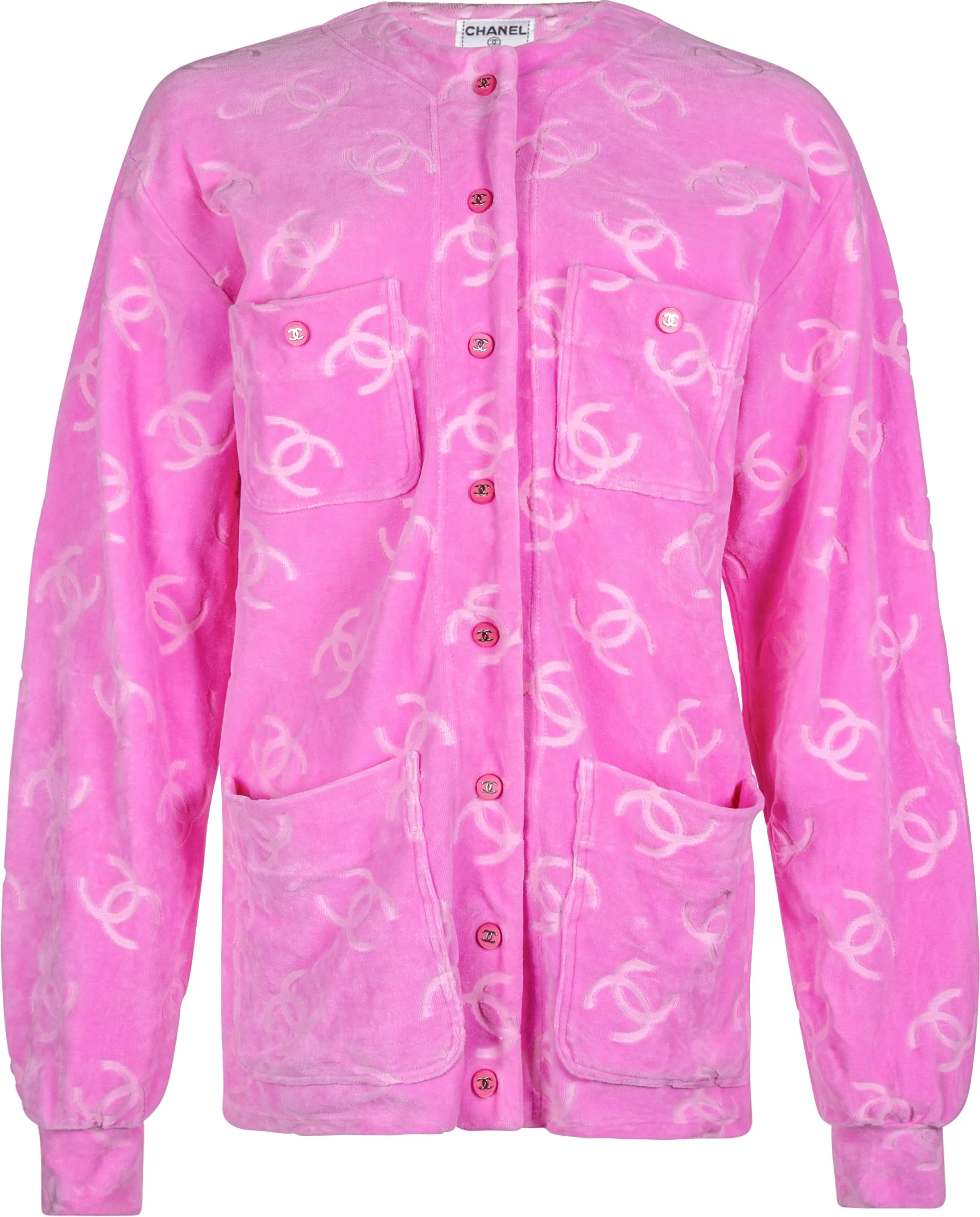 Chanel Pink Velour Logo Spring 1996 Runway Jacket