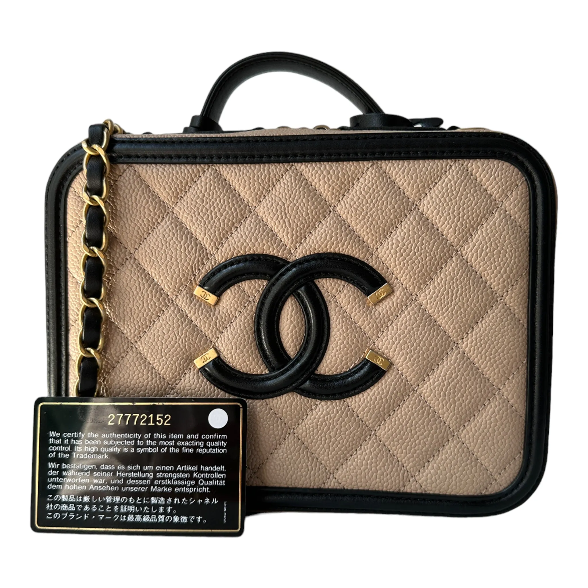 Chanel Quilted Medium CC Filigree Vanity Case Beige Caviar Gold Hardware