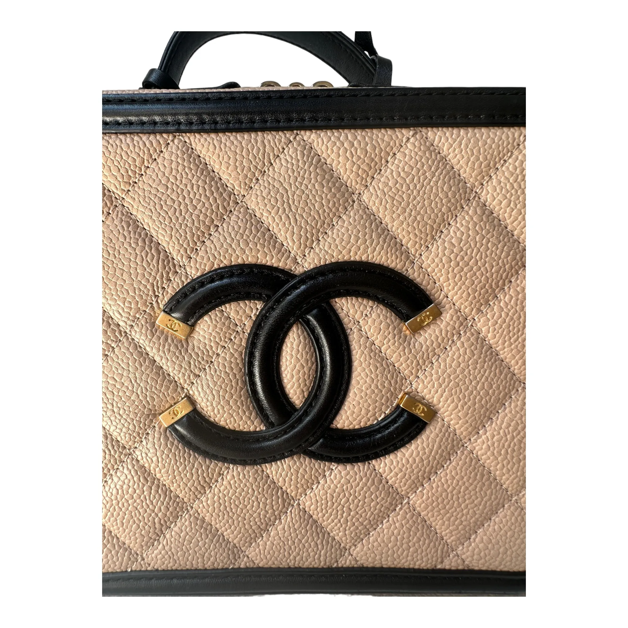 Chanel Quilted Medium CC Filigree Vanity Case Beige Caviar Gold Hardware