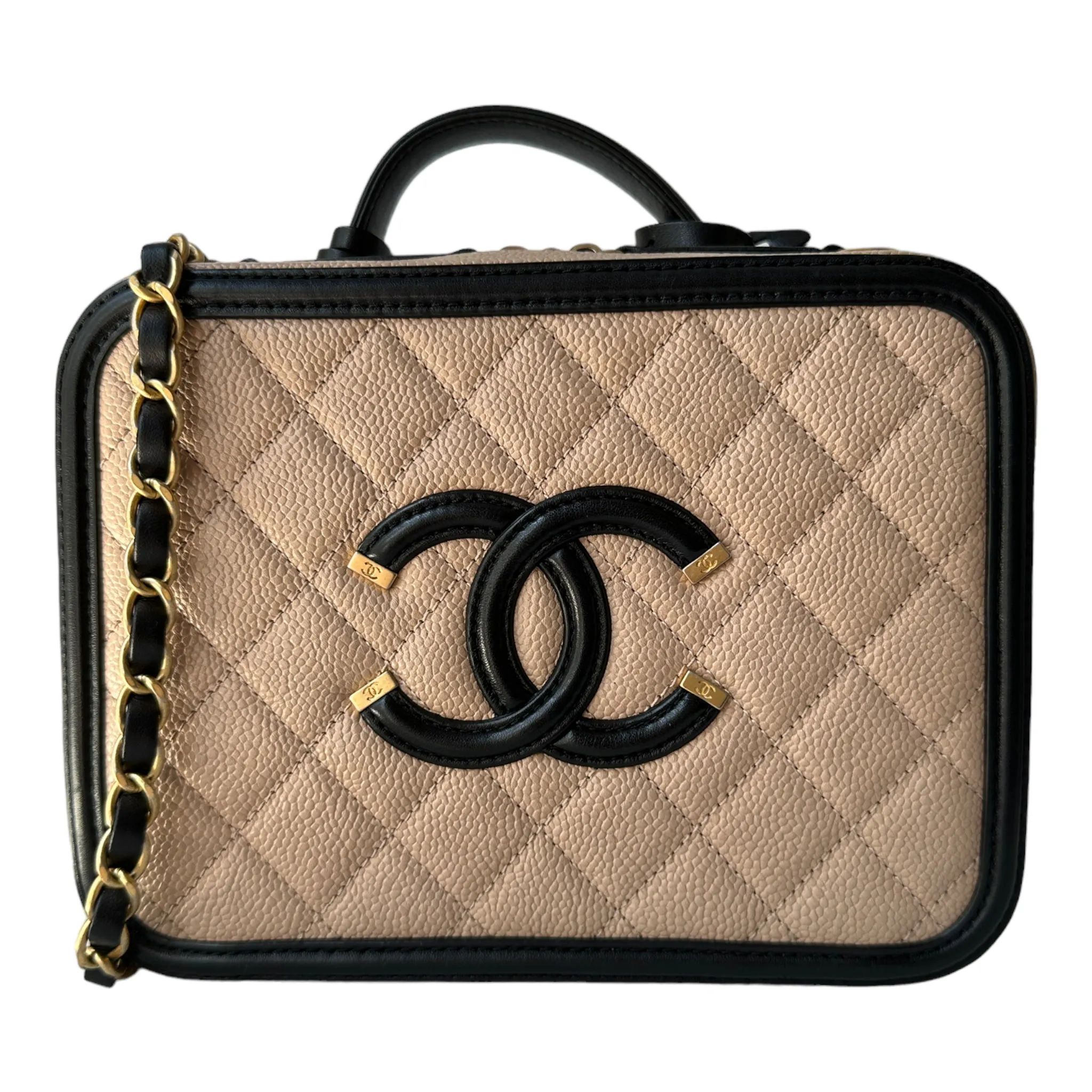 Chanel Quilted Medium CC Filigree Vanity Case Beige Caviar Gold Hardware