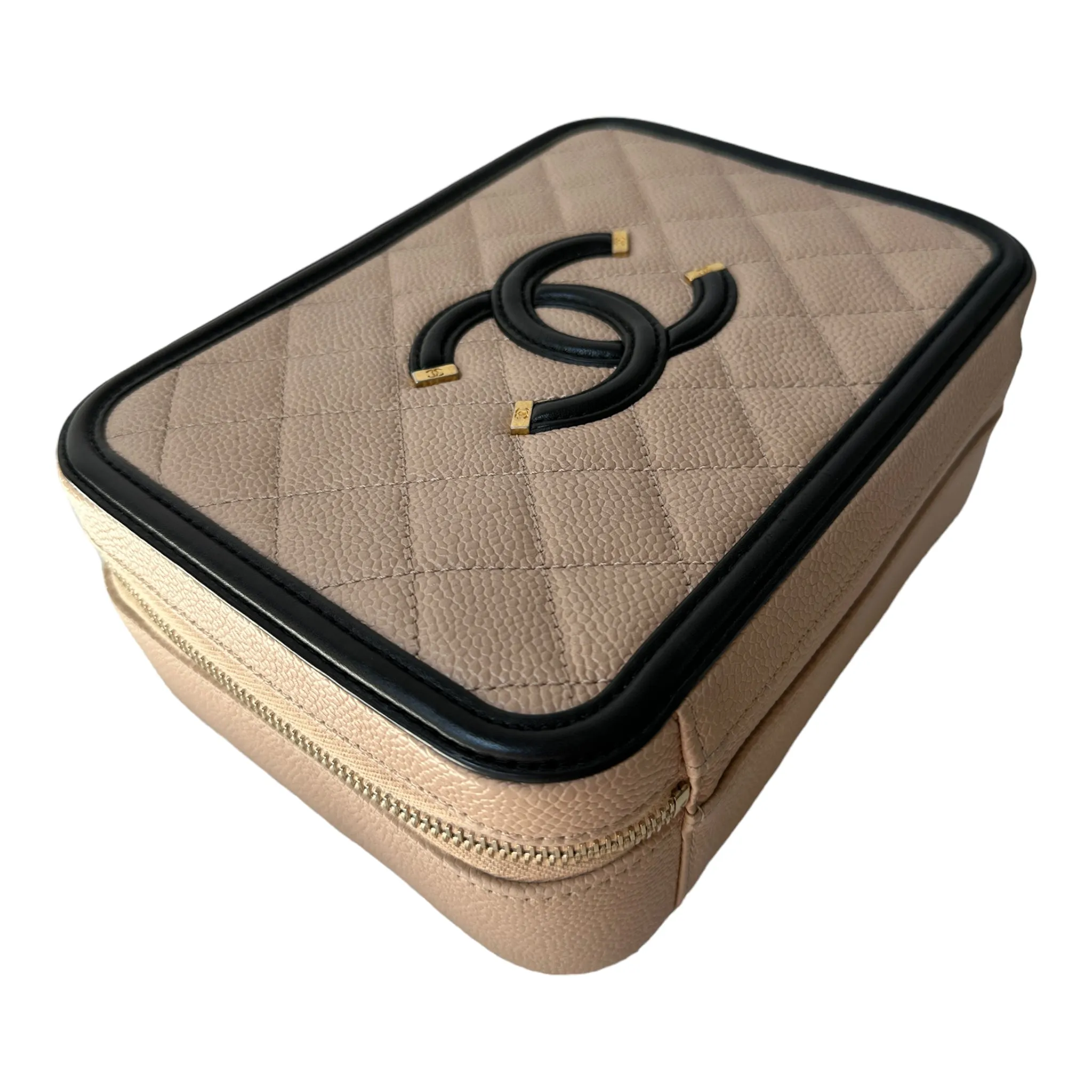 Chanel Quilted Medium CC Filigree Vanity Case Beige Caviar Gold Hardware