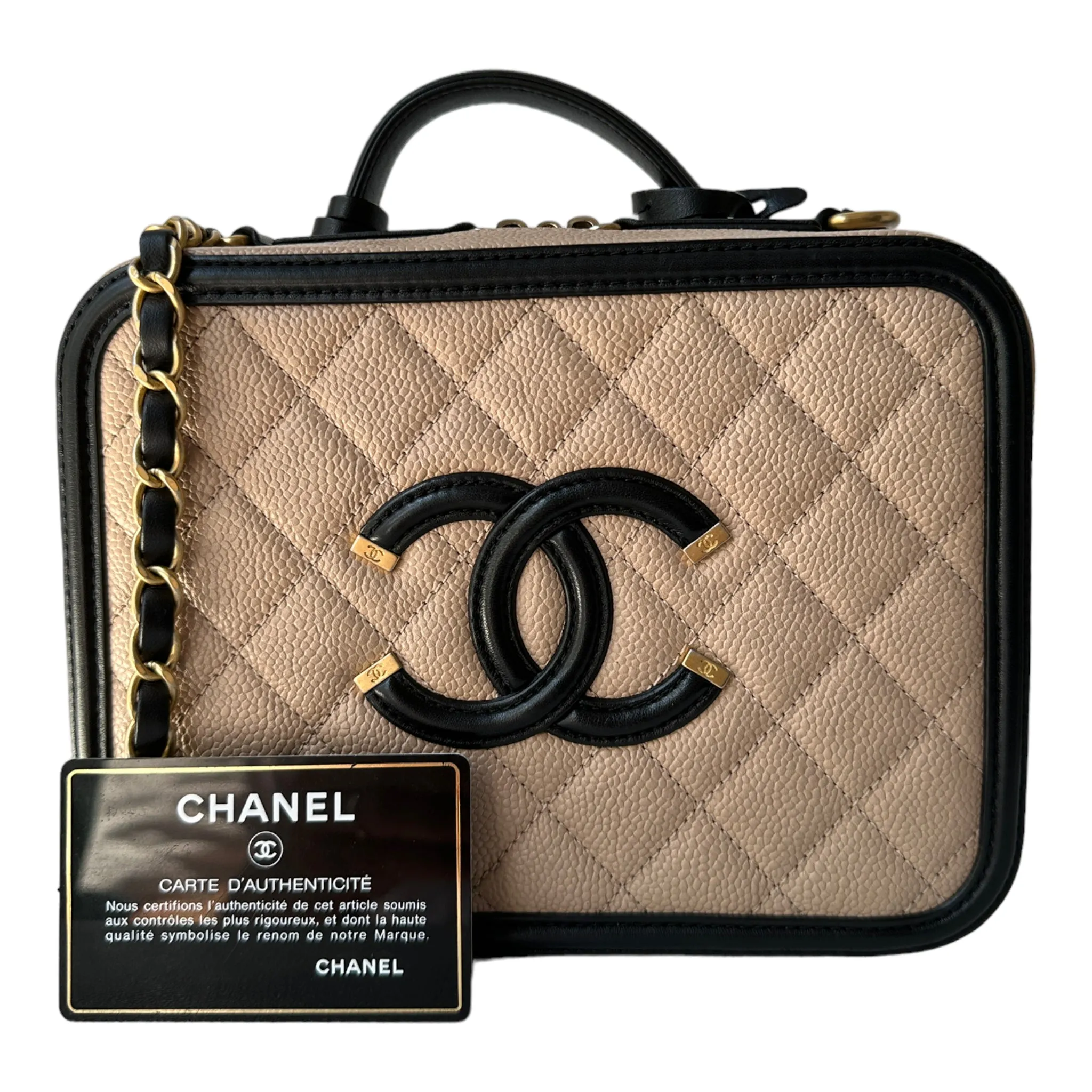 Chanel Quilted Medium CC Filigree Vanity Case Beige Caviar Gold Hardware