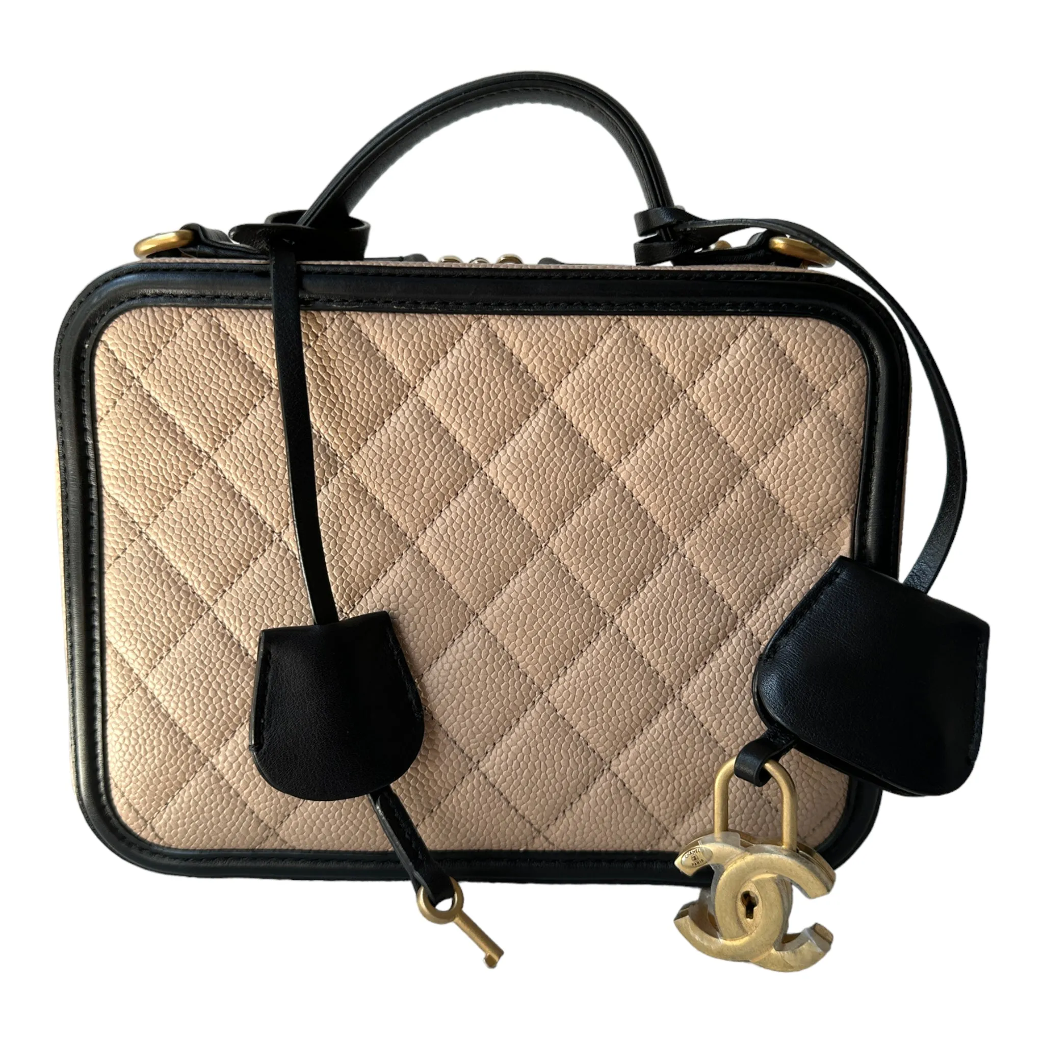 Chanel Quilted Medium CC Filigree Vanity Case Beige Caviar Gold Hardware