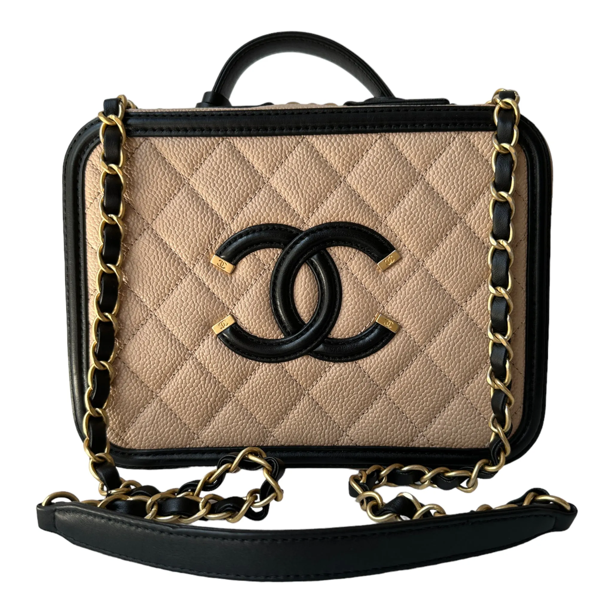 Chanel Quilted Medium CC Filigree Vanity Case Beige Caviar Gold Hardware