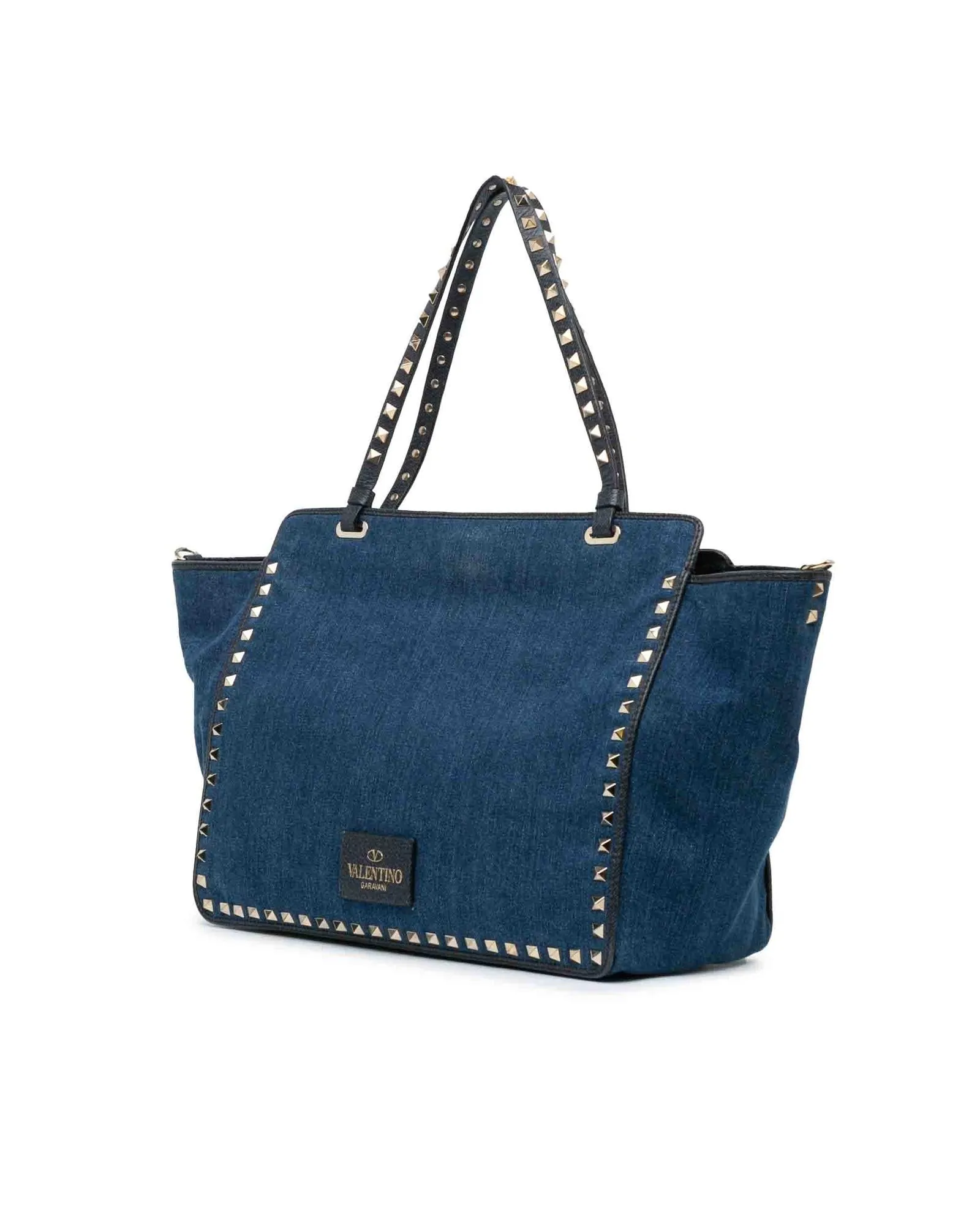 Embroidered Denim Satchel with Silver-tone Studs and Detachable Strap