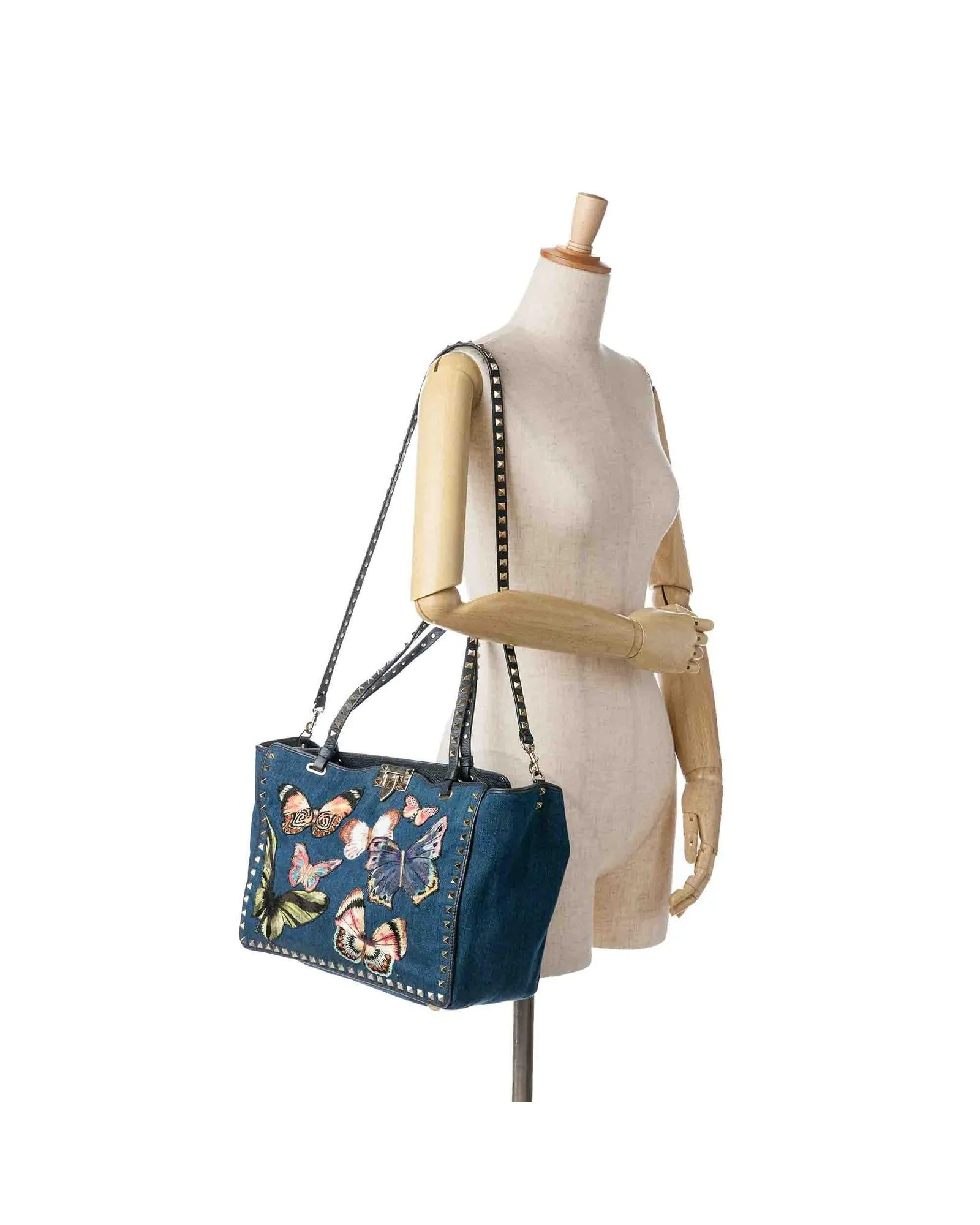 Embroidered Denim Satchel with Silver-tone Studs and Detachable Strap