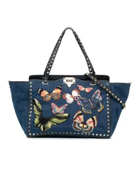 Embroidered Denim Satchel with Silver-tone Studs and Detachable Strap