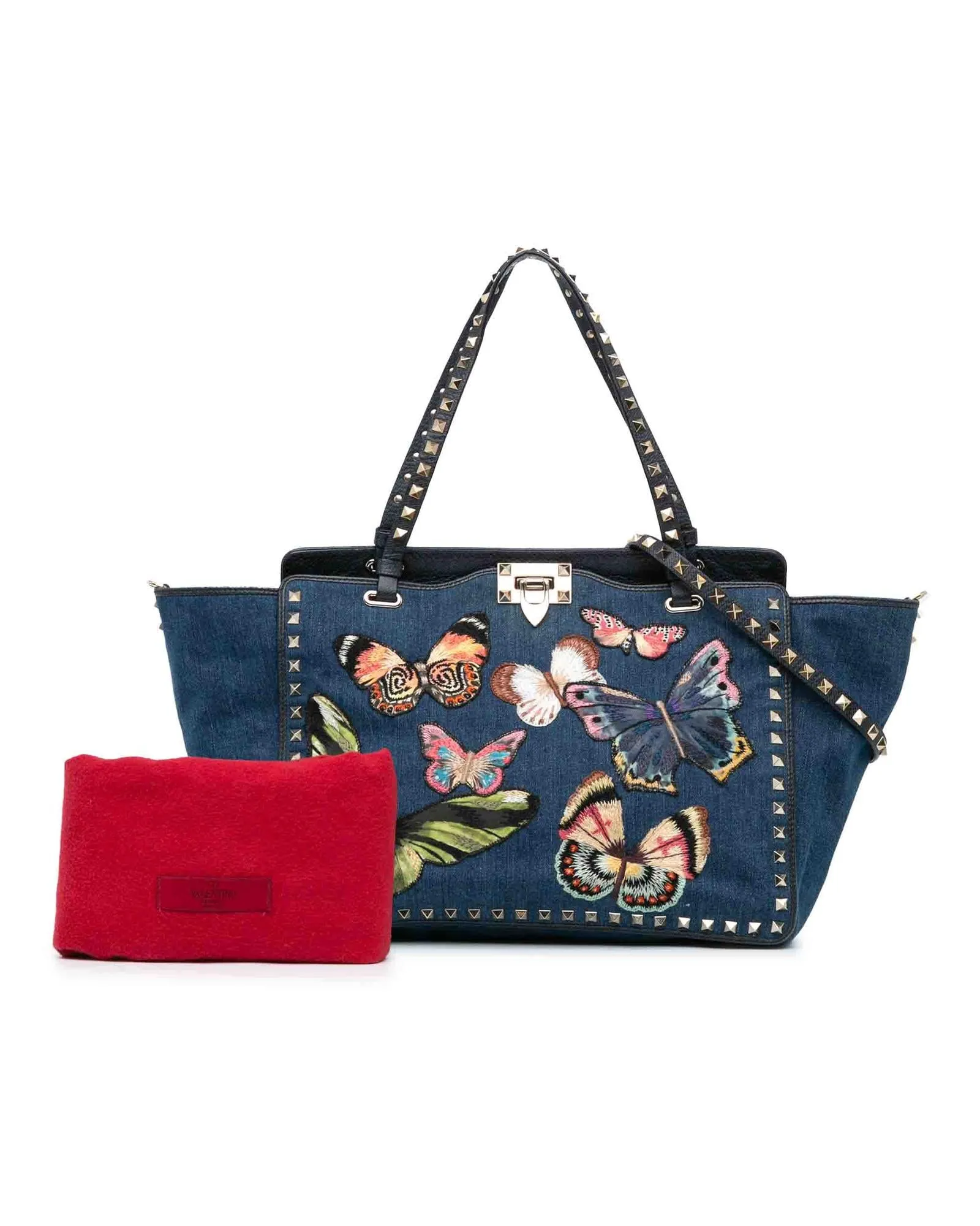 Embroidered Denim Satchel with Silver-tone Studs and Detachable Strap