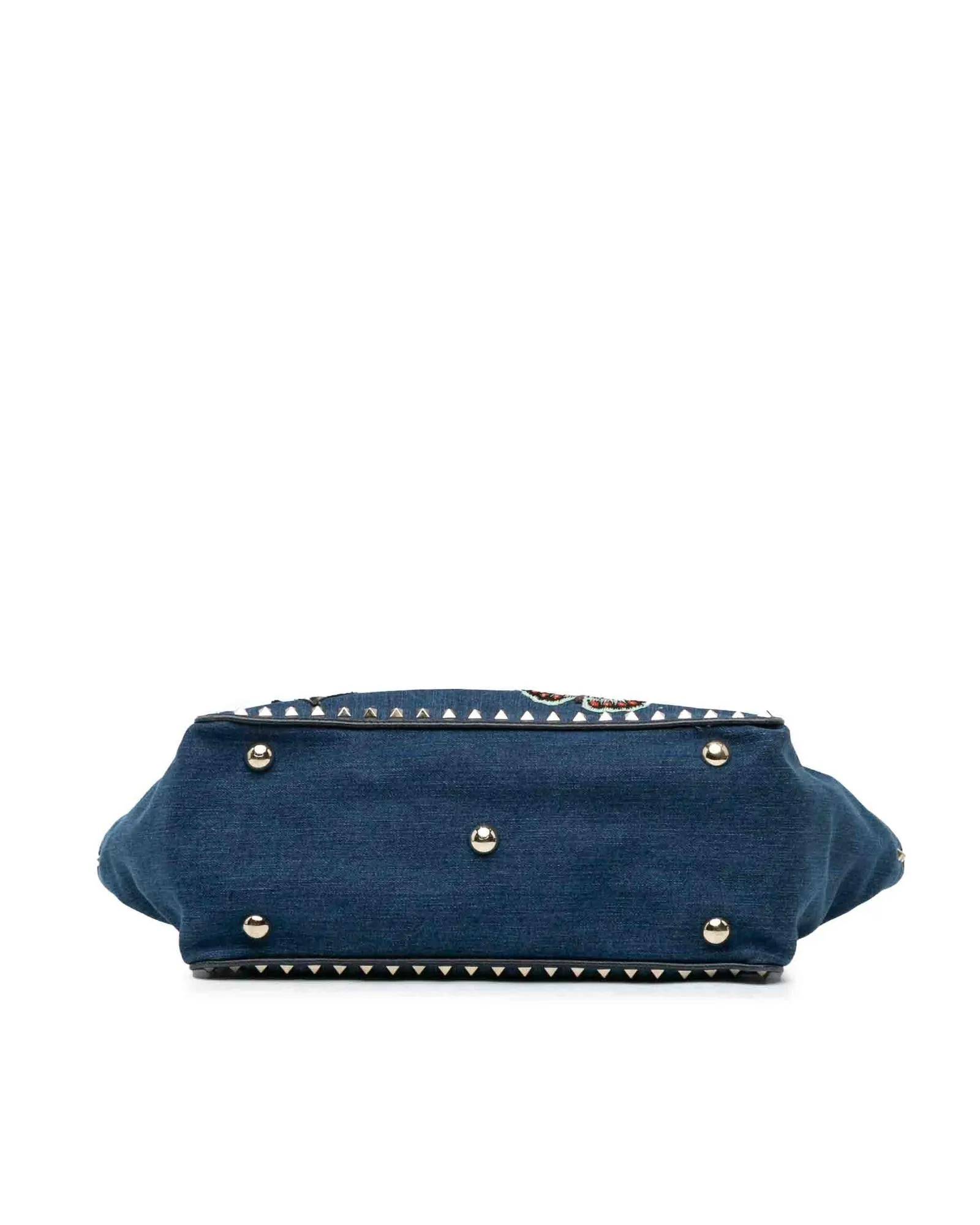 Embroidered Denim Satchel with Silver-tone Studs and Detachable Strap