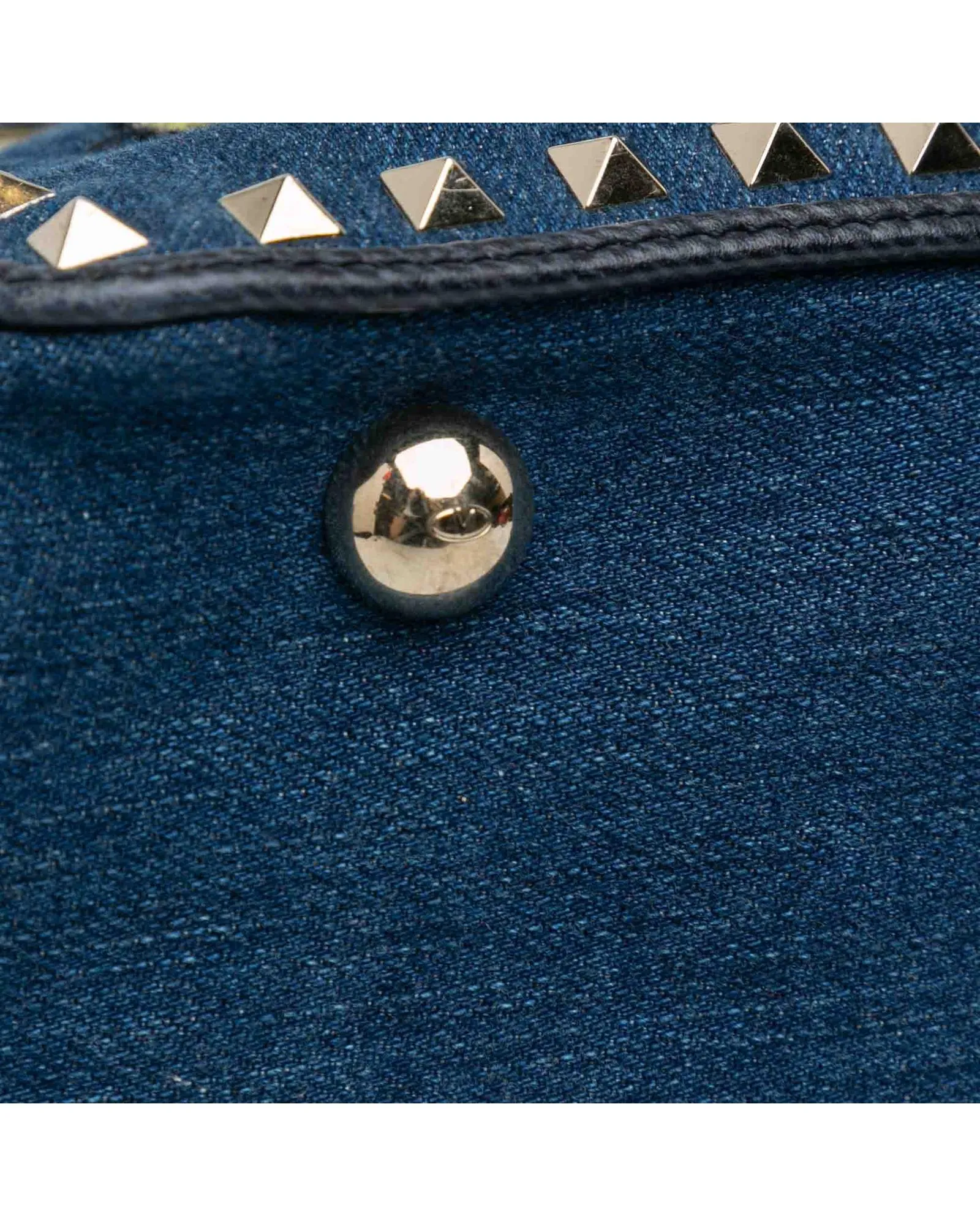 Embroidered Denim Satchel with Silver-tone Studs and Detachable Strap