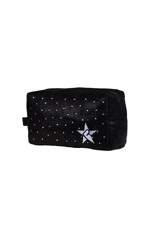 Faux Suede in Black with Crystal Scatter Rebel Makeup Bag with Black Zipper